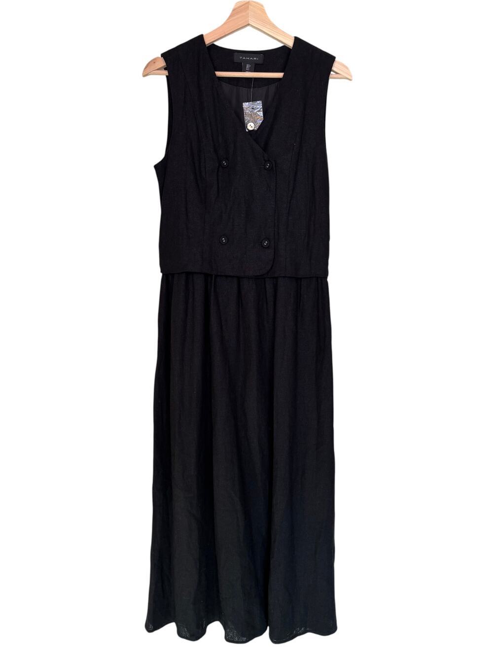 NWOT Tahari Linen Maxi Dress Small Double Breasted Vest Black Minimal Pockets